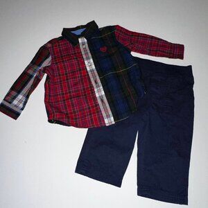 CHAPS Baby Boys 9M Shirt/Pants Set Navy Pants & blue/red plaid Shirt